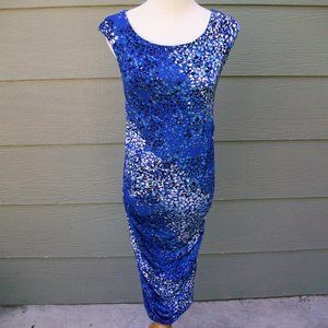 Leota Sheath Dress Sz S Blue Spots Shirred Slinky